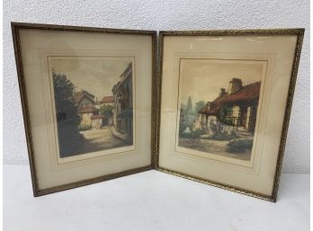 Pair Of Framed Vintage Colored Etching