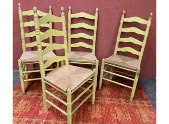 4 Yellow Painted Antique Rush Seat Dining Chairs