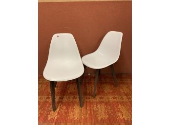 Pair Of White  Molded Chair With Wooden Base