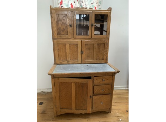 Antique Oak  Wood Kitchen Hoosier Cabinet With Metal  Working Surface