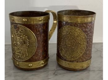 Pair Of Hammered Copper And Brass Mug With Brass Medallion