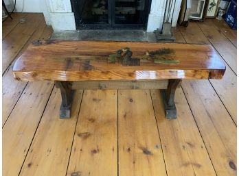 Vintage  Wood Slab  Coffee Table With A Picture Of A Sailor On Top