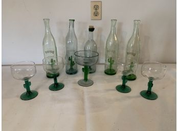 Vintage Tequila Porfidio Blue Agave Green Cactus Empty Bottle And Glasses