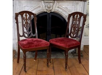 Pair Of Antique Red Velvet Seat Chairs