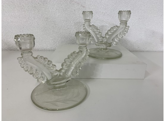 Pair Of Glass Double Candle Holders