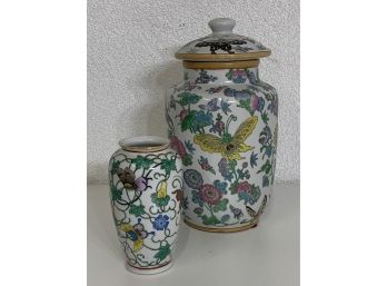 2 Butterfly Vase And Lidded Ginger Jar