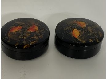 Pair Of Black Round Lacquer Lidded Boxes
