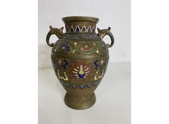 Japanese Brass Cloisonne Enamel Vase With Elephant Handles -9.5'H
