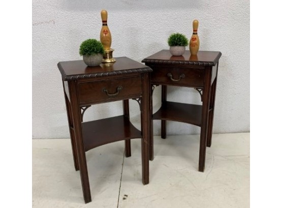 Pair Of Vintage Mahogany Side Table With One Drawer