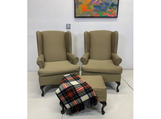 Pair Of High Back Wing Chair With One Stool