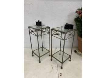 Pair Of Metal Plant Glass Top Stands