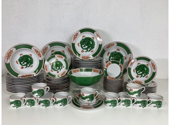 Partial Fitz And Floyd 'Dragon Crest Green' Hand Decorated China Set