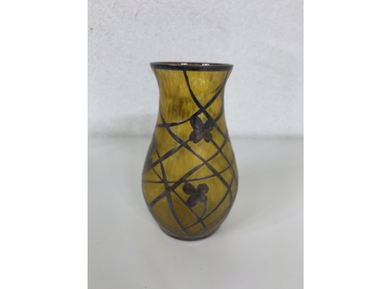 Yellow Art Glass Vase With Silver Inlaid