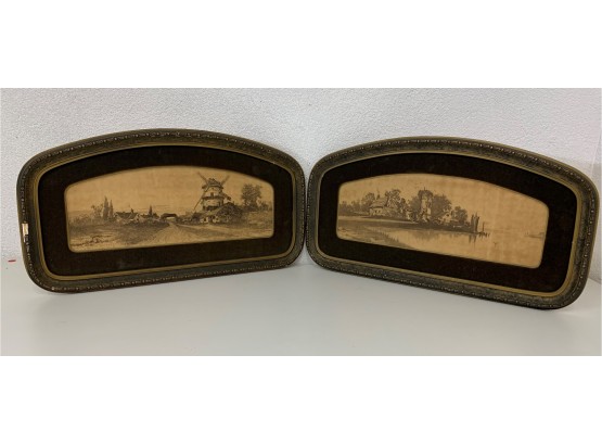 Pair Of Vintage Art On Board Framed On A Velvet Frame