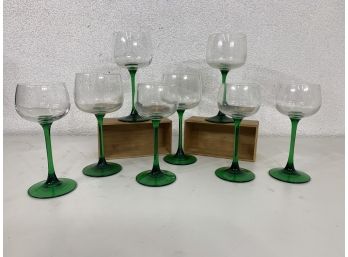 8 Vintage Alsatian Wine Glasses With Green Stems