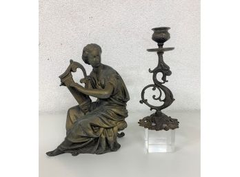 Metal Statue Of A Woman Playing Lyre & A Candle Holder