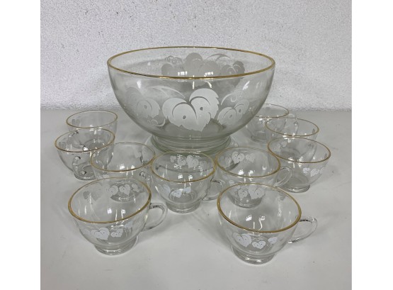 Vintage Glass Punch Bowl Set With 10 Glasses Grape Leaves Pattern Gold Trim
