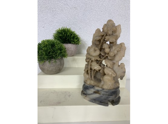 Vintage Asian Jade Or Soapstone Floral Sculpture On Stone Pedestal-9 1/2'