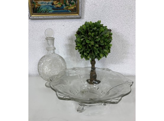 Baccarat Etched Decanter. C1920 & Glass Bowl Etched Elegant Crystal Flowers