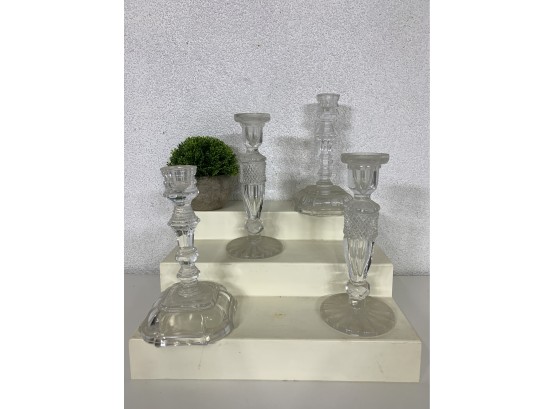 Set Of  Press Glass & Crystal Candlesticks 8'Tall