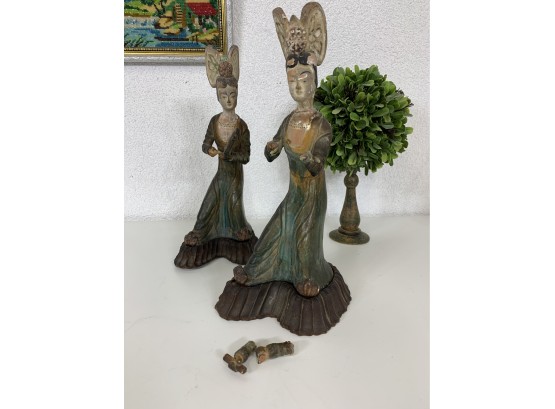 Pair Of Oriental Figures On Wooden Stand -12'