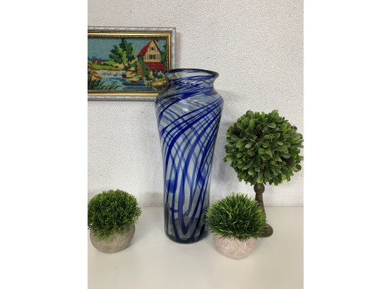 Hand Blown Blue Swirl Art Glass Vase