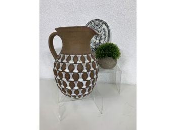 Glazed Pottery Pitcher Signed Quient-8 1/2'Tall