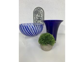 2 Cobalt Blue Art Glass Vase & Bowl