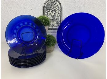 Group Of Vintage Cobalt Blue Glass Plates And Charger