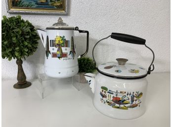 Pair Of Georges Briard Classic Enamelware Stovetop Coffee Pots