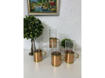 Set Of 4 Vintage Irish Coffee Cups Cobras By Beucler Copper, Brass, Glass Insert