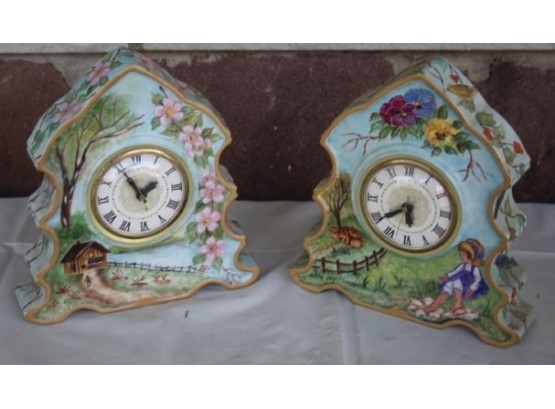 Pair Of Vintage Porcelain Mantle Clock With Lanshire Movement And Floral Motif  Tree Shaped