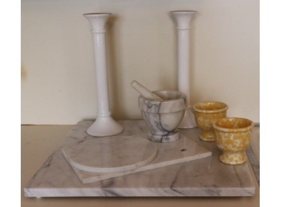 Group Lot Of Marble & Pair Of Benson West Design White Candle Sticks