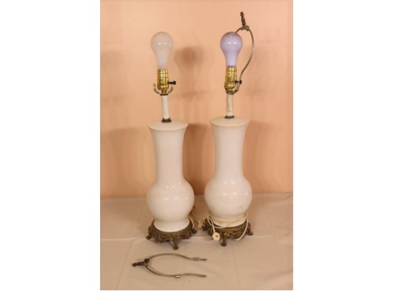 Pair Of White Porcelain Lamps On Brass Base