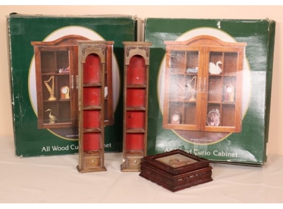 Two(2)Wooden Curio Cabinets-NEW  And 2 Small One & A Wooden Box