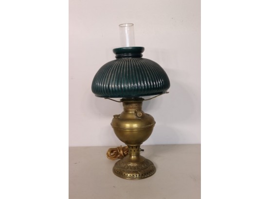 Antique Oil Lamp W/ Green Shade - Electrified