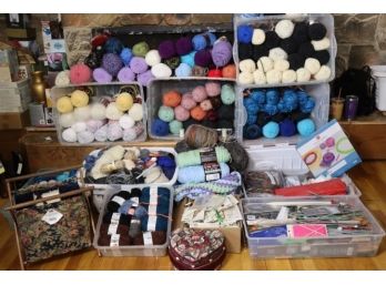 Large Collection Of NEW Knitting Needles & Yarn And Vintage Knitting Basket