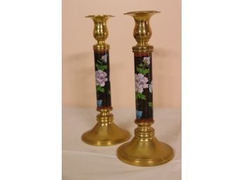 Pair Of 10'tall Enamel And Brass Candle Holder