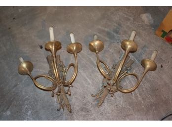 Pair Of Brass Triple Light French Horn Trumpet Electric Wall Sconces