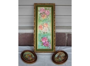 Pair Of Porcelain Framed And A Framed Painted Floral Tiles