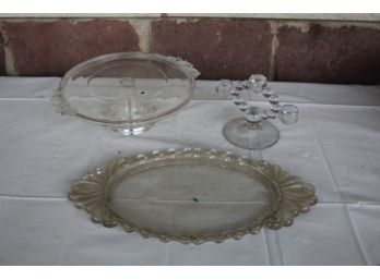 Group Lot -Glass Cake Plate, Tray , Vintage Candle Holder