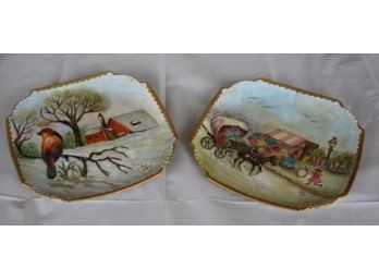 Pair Of Signed Porcelain Hanging Plates -small