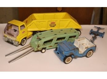 Vintage Tonka Bottom Dump And Blue Jeep & A Green Trailer