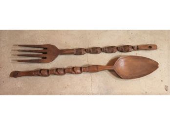 Pair Of Large Wooden Spoon & Fork