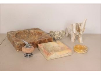 Assorted Lot Of Marble Ash Trays And Light &  Elephant