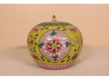Yellow Chinese  Lidded Porcelain Ginger Jar With Gilt Finial