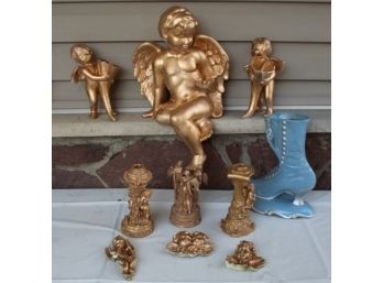 Group Lot Of Gilt Angels (Wall Decor & Candle Holder )