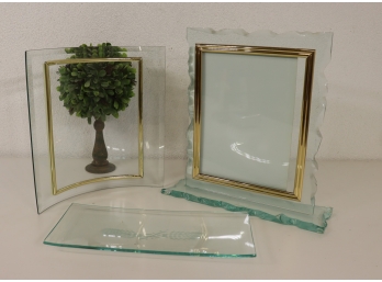 Two (2) Glass Picture Frames And A Glass Tray