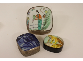 Three (3) Chinese Porcelain Shard & Metal Trinket Boxes