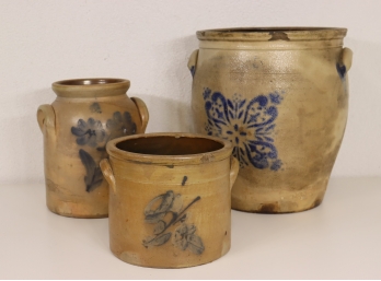 Three (3) Vintage Stoneware Pots With Blue Floral
